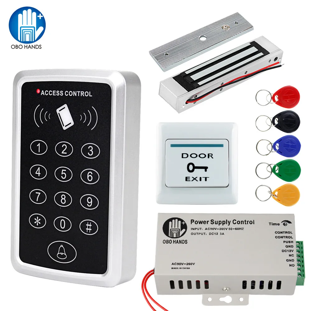 OBO Door Electric Locks Gate Lock Access Control System DIY Kit Waterproof Cover + RFID Keypad + DC12V 3A Power Supply for Home