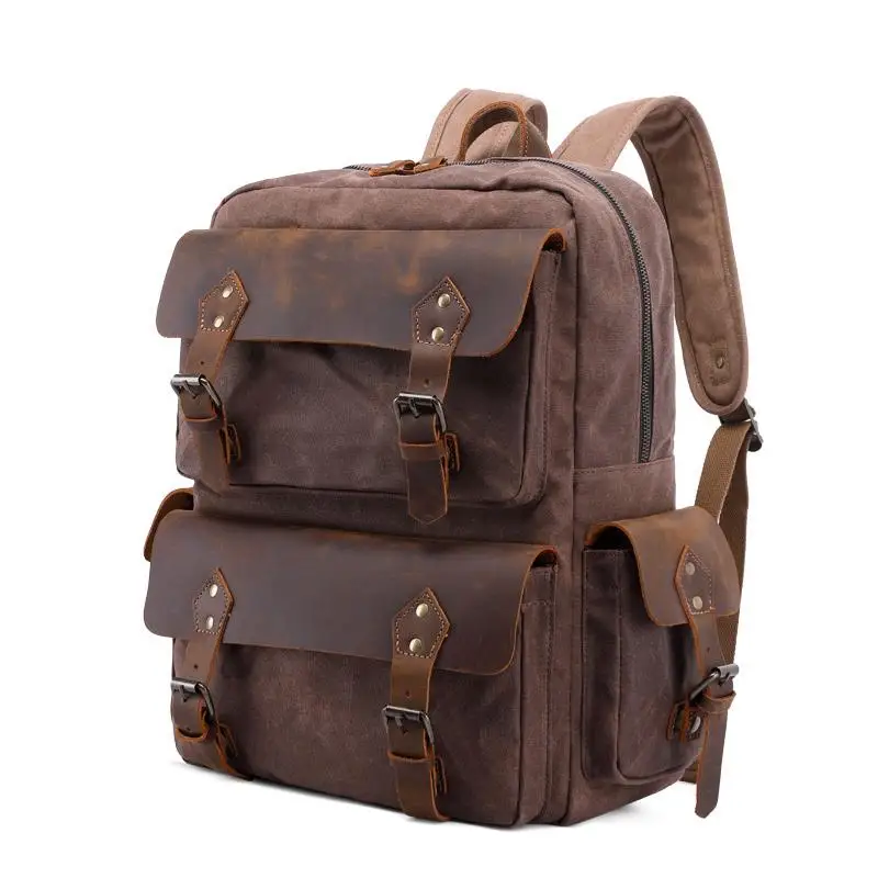 2019 New Arrival Men Waterproof Wax Canvas Backpack with Cowskin Belt High Quality Vintage School Bag Men Travel Backpack