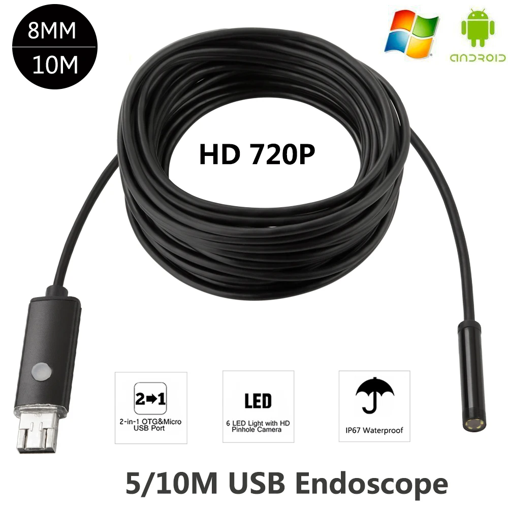 

HD 720p 8mm 5m/10m Hard Cable Android USB Endoscope Inspection Borescope Tube Wire Camcorder For OTG Android Phone