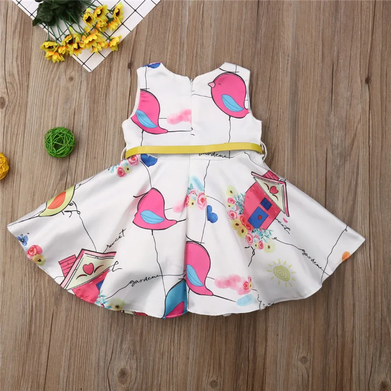 

Kids Baby Girls Bird Dress Formal Sleeveless O-Neck Party Pageant Princess Dress Girls High Waist Sundress with Bow Belt 1-5T