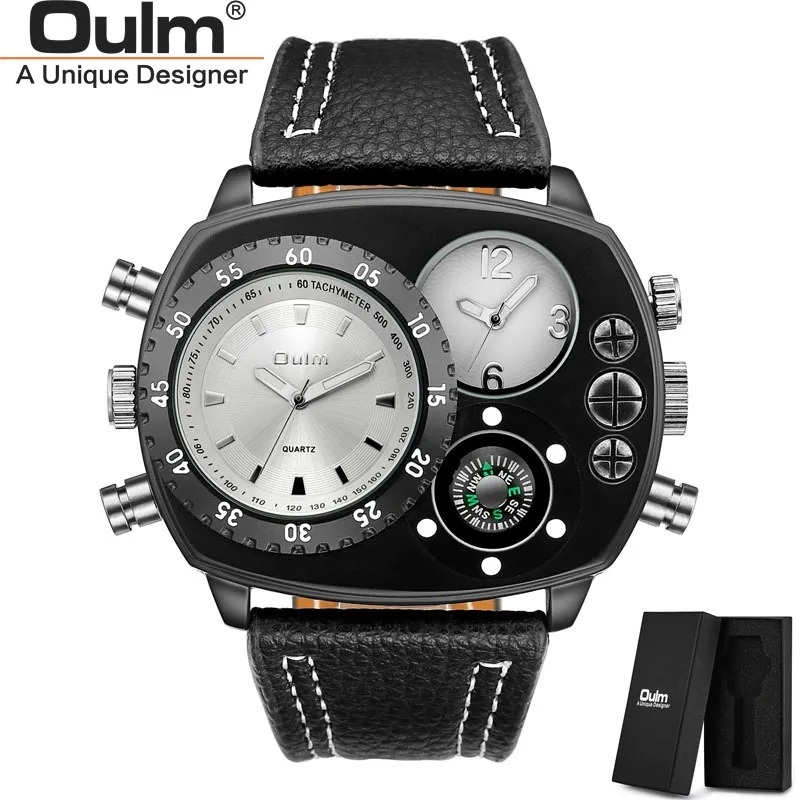 

Oulm Two Time Zone Sport Watch New Style Unique Leather Strap Wristwatch Male Quartz Clock Fashion Casual Men's Watches