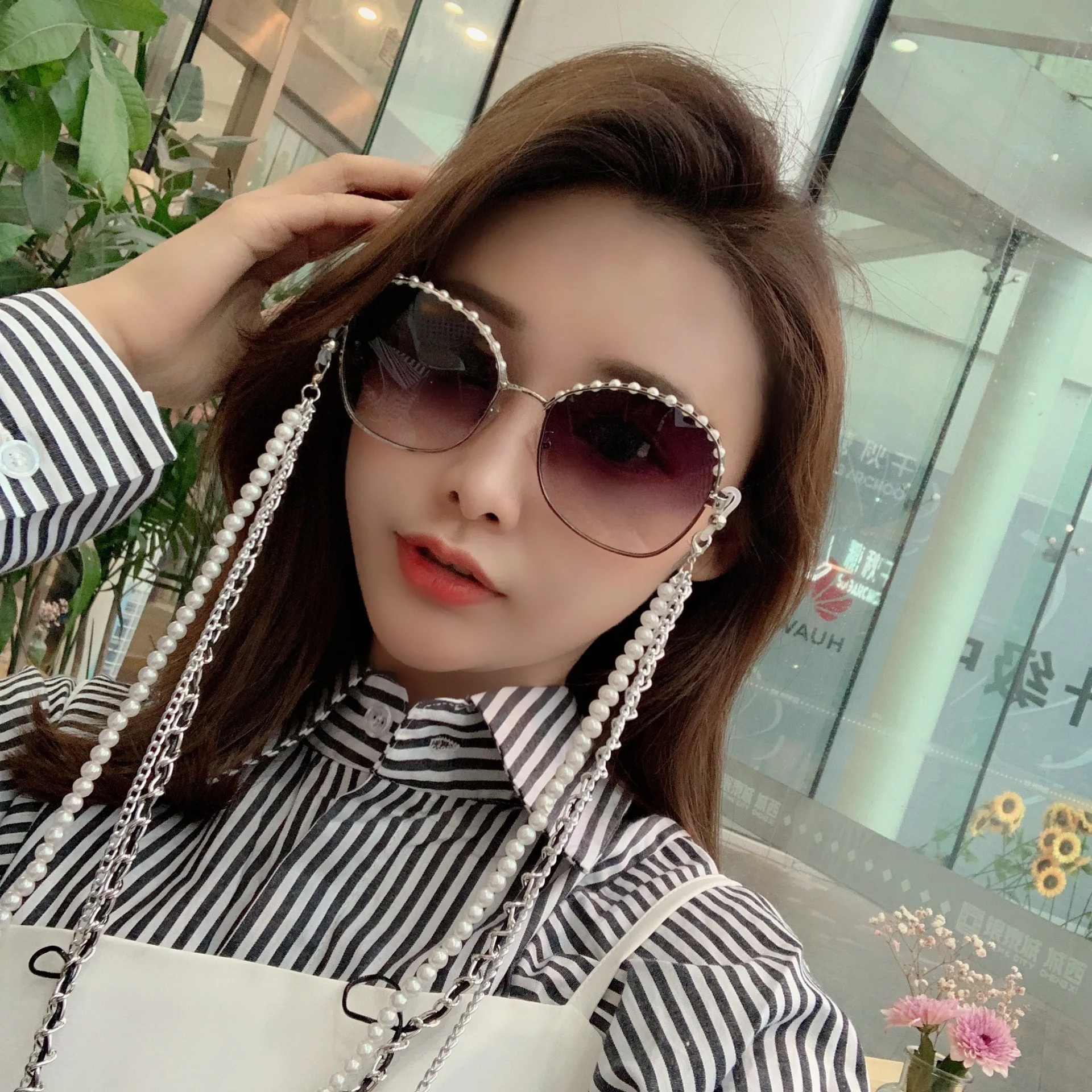 Женские круглые солнцезащитные очки с бриллиантами ретро-цепочка для очков FML UV400