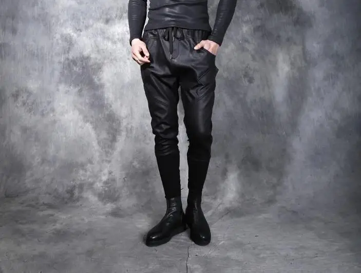 Spring autumn personality fashion mens pants leather harem pant men feet trousers pantalones hombre cargo pantalon homme black