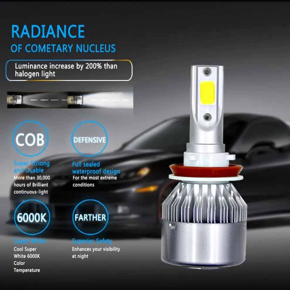 2 шт. H8/H9/H11 C6 Автомобильные фары комплект 10800LM 6000 K 120 W COB светодиодный Авто головной