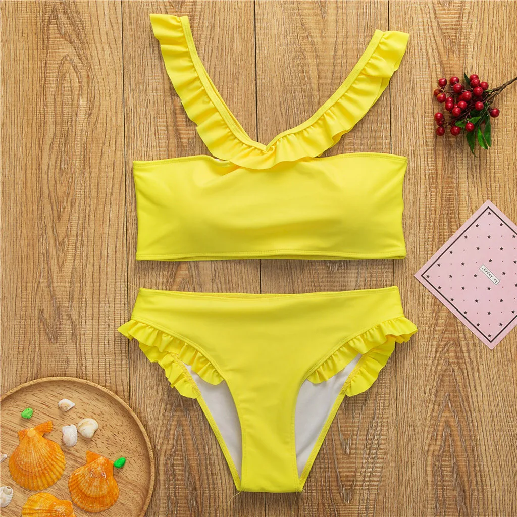 Женская летняя однотонная красная желтая трубка из двух частей бикини с оборками