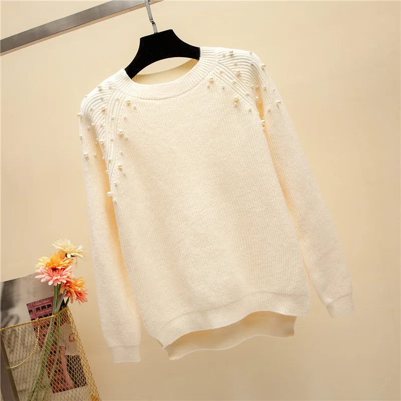 Beading Soft Women Fall Fashion All Match Solid Knitted Sweater Pullover 2019 New Winter Long Sleeve O-Neck Female Pull Femme | Женская
