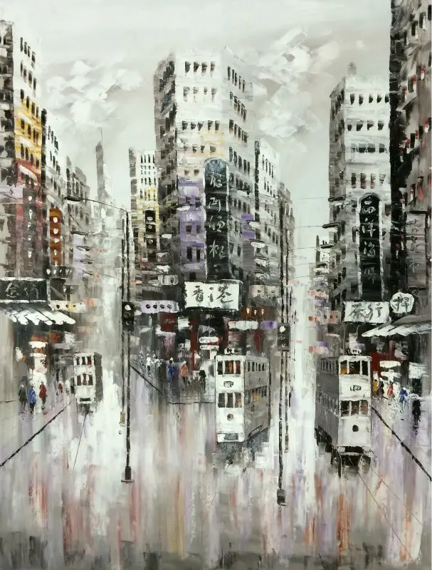 

Hand Painted Canvas Knife Oil Painting Abstract HongKong Trams Street Canvas Painting Wall Art Picture Painting for Living ROOM