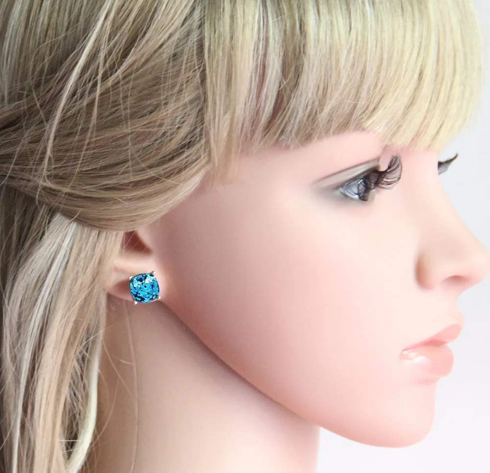 NEW Shinny Square Glitter Stud Earrings Rainbow Various Color Cute for Women |