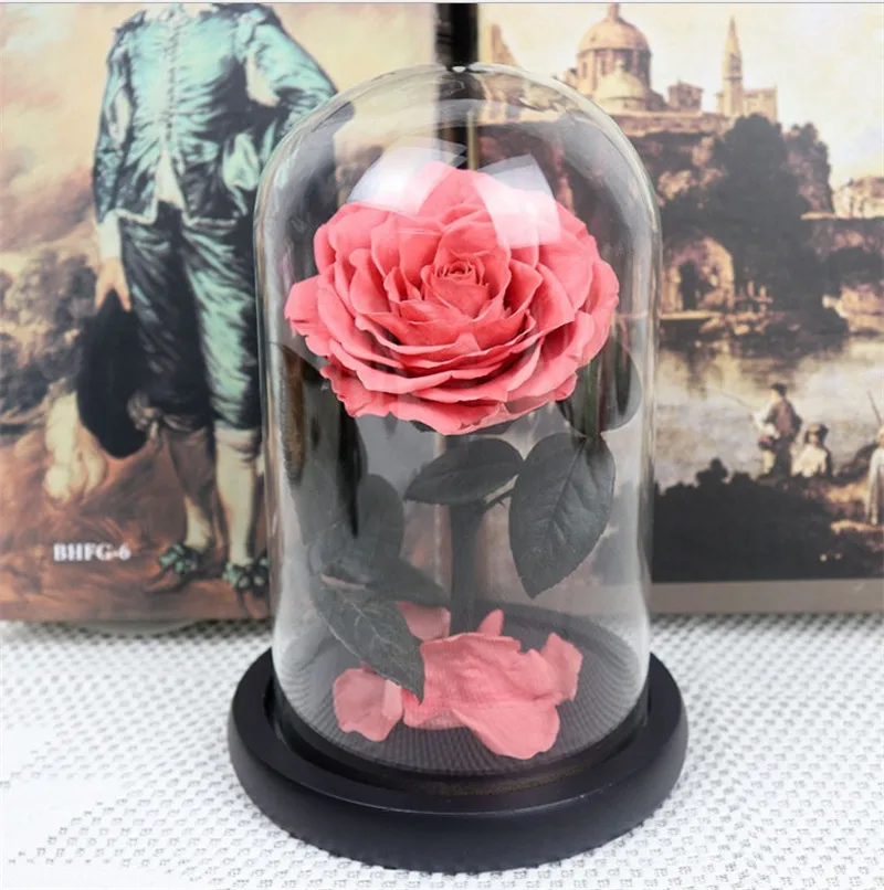 HoneyYX Forever Rose Flower консервированная пыль розовая бесцветная свежая роза в стеклянной вазе Cloche Свадебные украшения уникальные подарки