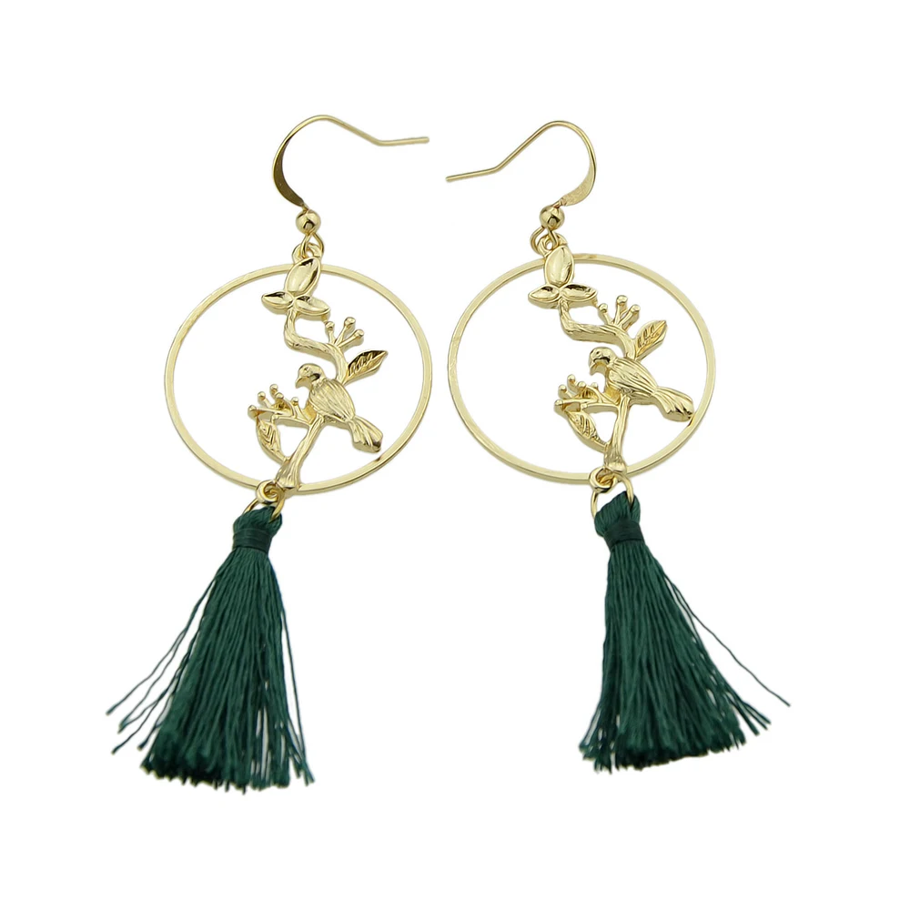 Модная бижутерия женский Boho Серьги золото-Цвет птицы на ветках Форма с зеленым