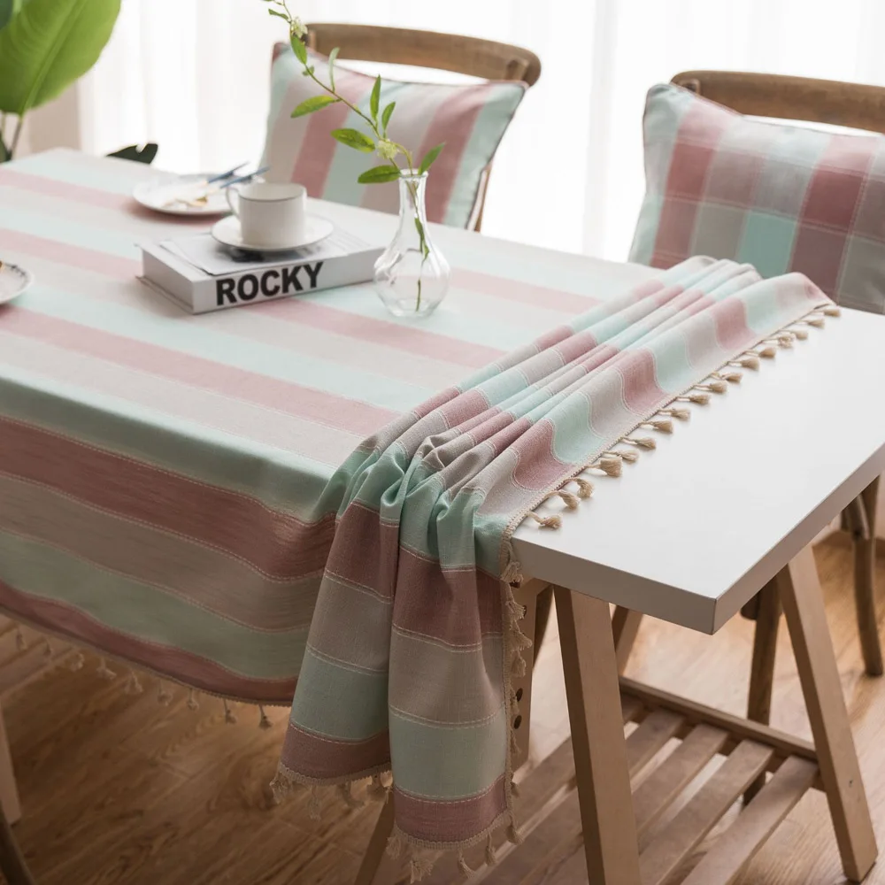 Pink with Green 1 шт. Горячая Бытовая 140*250 см Большой размер розовый/синий/зеленый полосатый прямоугольная льняная скатерть для домашнего декора скатерть для обеденнго стола крышка - Цвет: Pink with Green