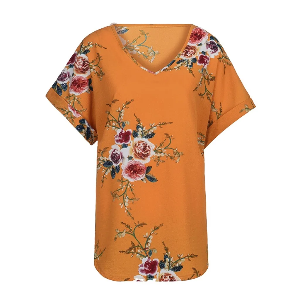 

Plus Size Fashion Women V Neck Top Summer Short Cuffed Sleeve Floral Print Casual Top