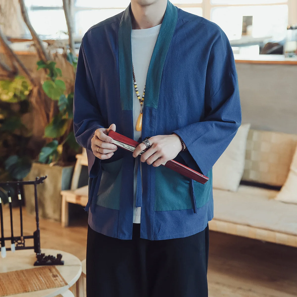 #4302 Vintage Kimono Jacket Men Windbreaker Long Sleeve Cotton Linen Vintage Mens Clothing Plus Size 5XL Black/Blue Cardigan