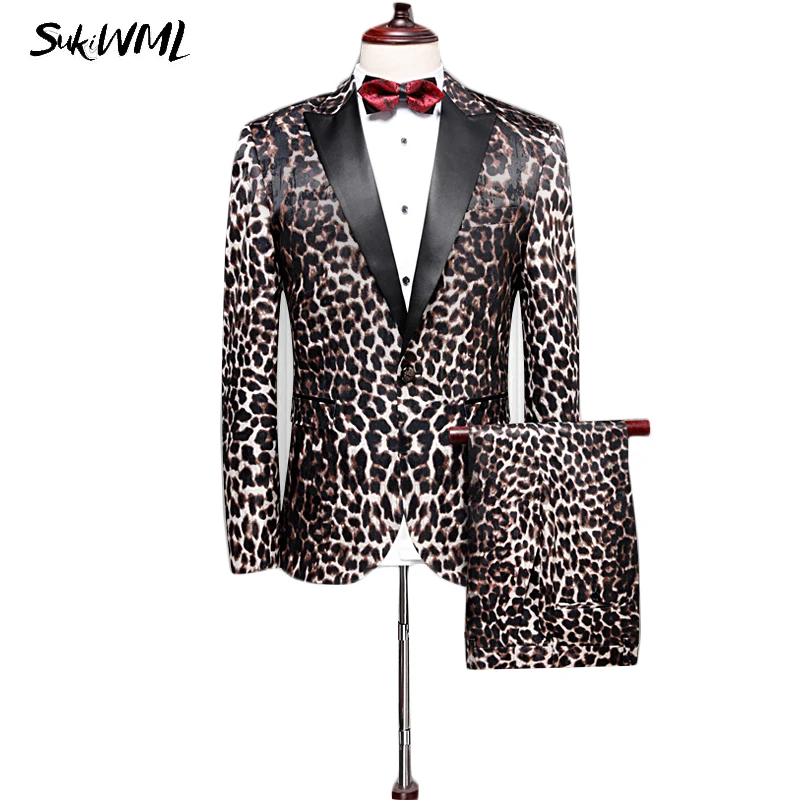 SUKIWML свадебные костюмы для мужчин 2018 модный костюм Homme Leopard Terno Masculino вечерний