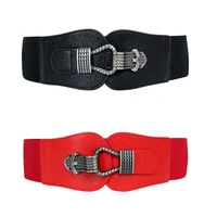 women wide elastic waistband vintage girdle big buckle belt red stretchy decorative belts for dress cummerbunds pu leather black