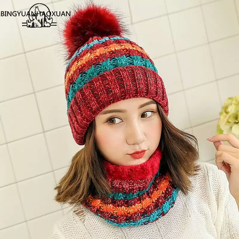 BINGYUANHAOXUAN Модный женский зимний комплект из шапки и шарфа с помпонами теплые