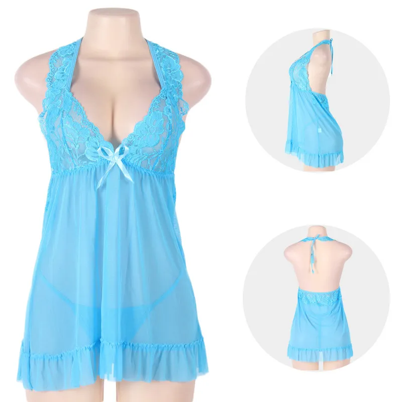 Blue Babydoll Women Comeonlover/детский Кукольный пеньюар, большой размер, M-7XL, одежда для сна с лямкой на шее, кружевное прозрачное Ropa Interior Femenina платье, RE70098P - Цвет: Blue Babydoll Women