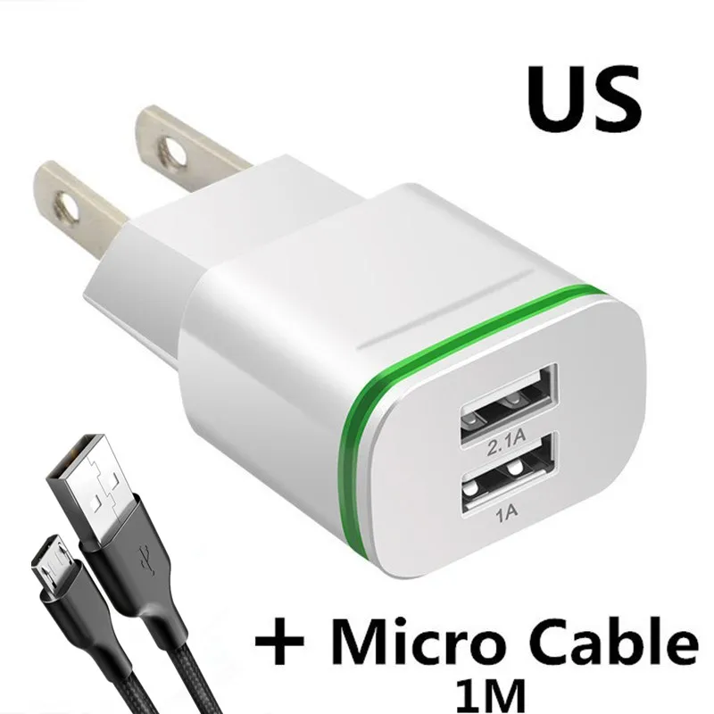 Faichoy, 2 usb порта, адаптер, настенное зарядное устройство для мобильного телефона, устройство для зарядки микро-данных, 5 В/2,1 А, ЕС/США, светодиодный светильник с вилкой для умных устройств - Тип штекера: White  Micro Cable