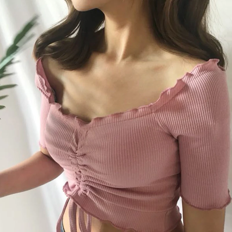 Женская футболка с коротким рукавом винтажная облегающая завязками и вырезом