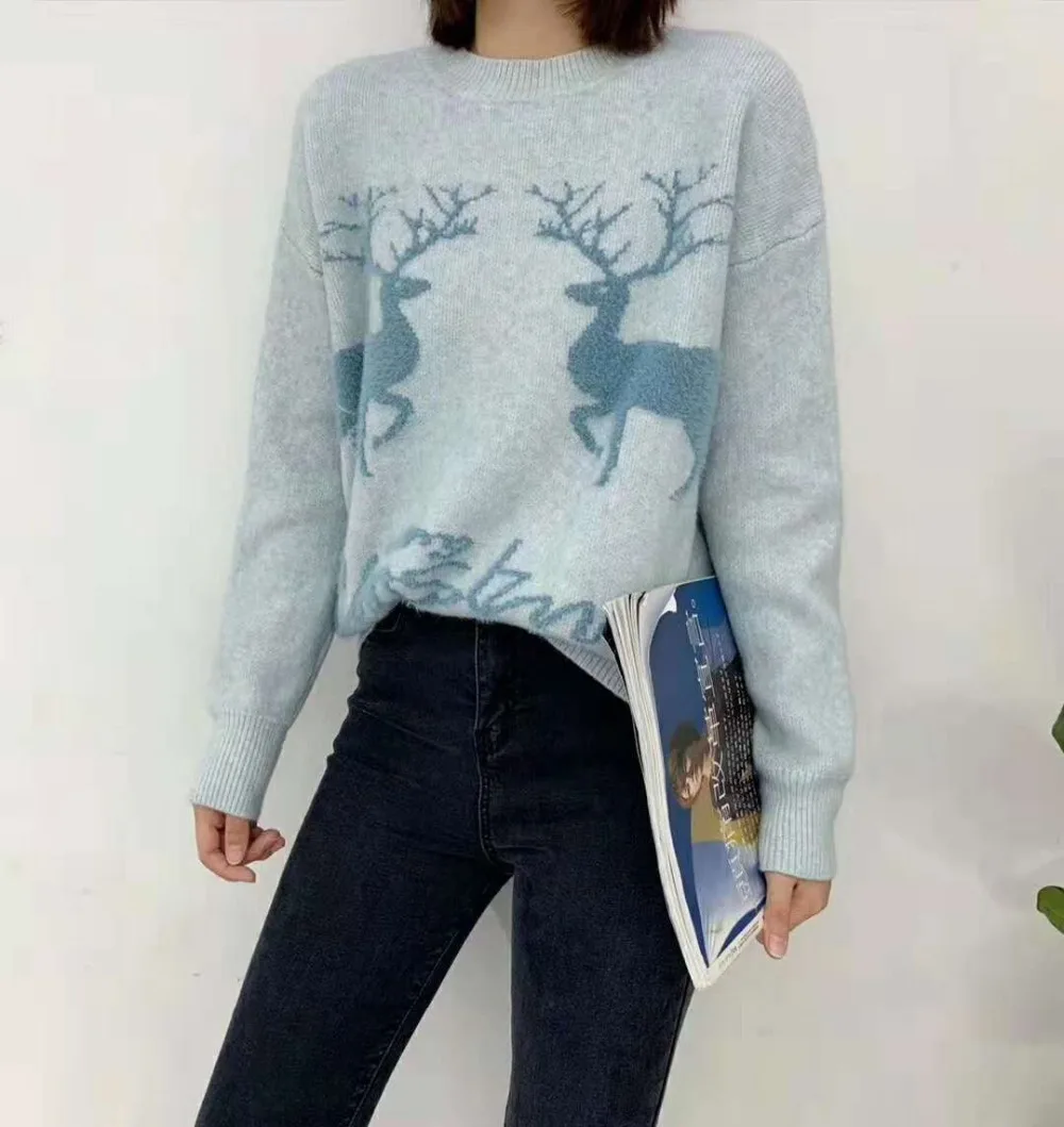 H.SA 2019 Spring New Women Christmas Sweaters Oneck Deer Jumpers Cute Kawaii Knit Pullovers Autumn Winter Fashion Tops | Женская одежда