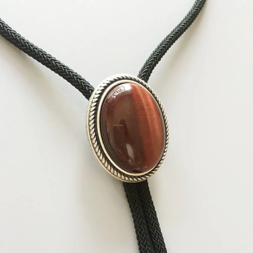 

New Original Vintage Silver Plated Nature Red Tiger Eye Stone Western Oval Bolo Tie BOLOTIE-024 also Stock in US