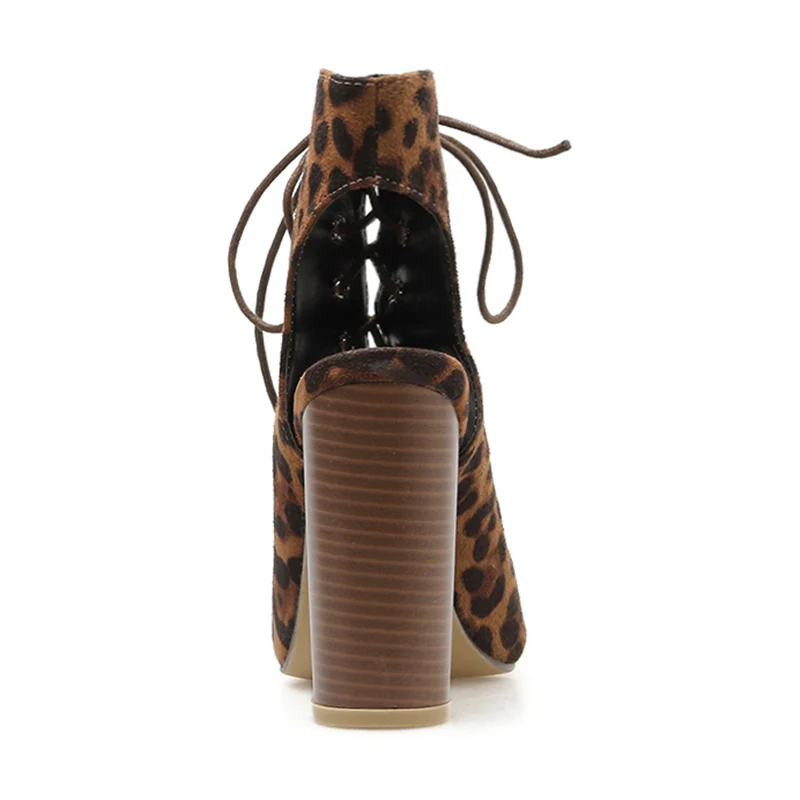 Luxury Women 11.5cm High Heels Fetish Sandals Ankle Boots Summer Cross Tie Suede Leopard Block Heels Peep Toe Sandals Shoes
