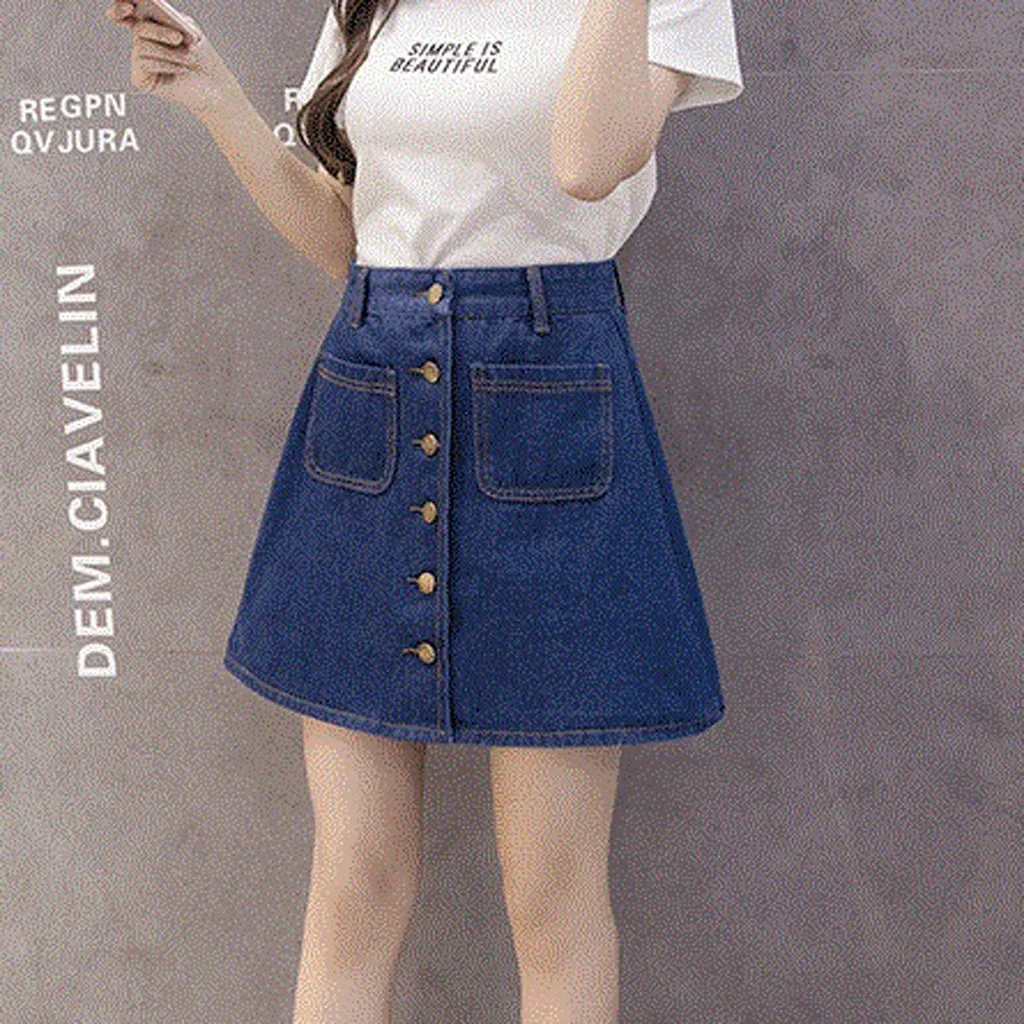 Fashion Women Leisure Denim A-Shaped Skirt Loose Button Pocket Short Skirt