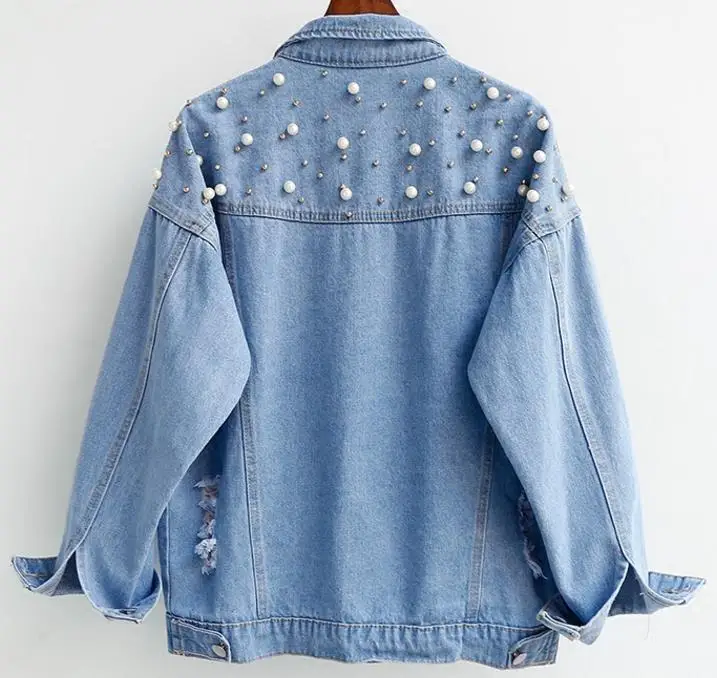 Женская джинсовая куртка BF Style с жемчугом и бисером свободная длинным