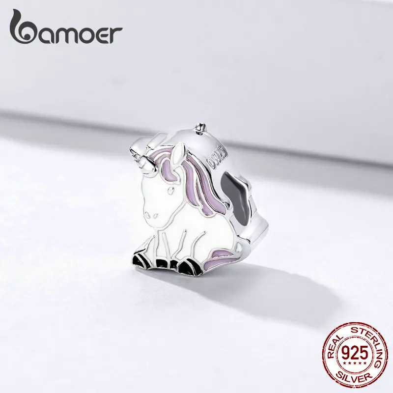 BAMOER 925 стерлингового серебра и эмали Lucky Charms Licorne животных, металлические бусины Подходит для Шарм серебряный браслет BSC074