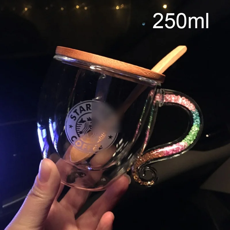 Rainbow Handle Classic Coffee Cup Mermaid Pattern Milk Glass Cups Novelty Gifts Ceramic Milk Tea Double layer Cups YC5272
