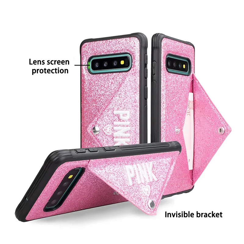 Luxury Brand 3D PINK Letter Women Glitter Phone Case for Samsung Galaxy S8 S9 S10 Plus Note 8 9 Leathe Cover With Card Wallet |