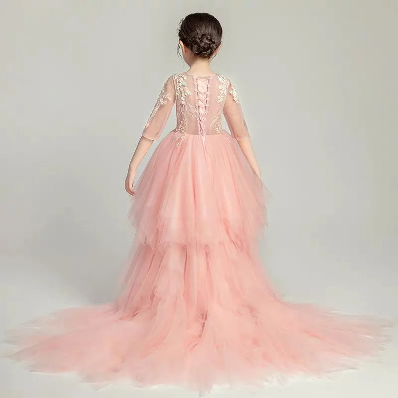 

Children Girls Gorgeous Half-Sleeves Pink Birthday Wedding Evening Party Long Tail Dress Kids Teens Evening Model Show Dreses