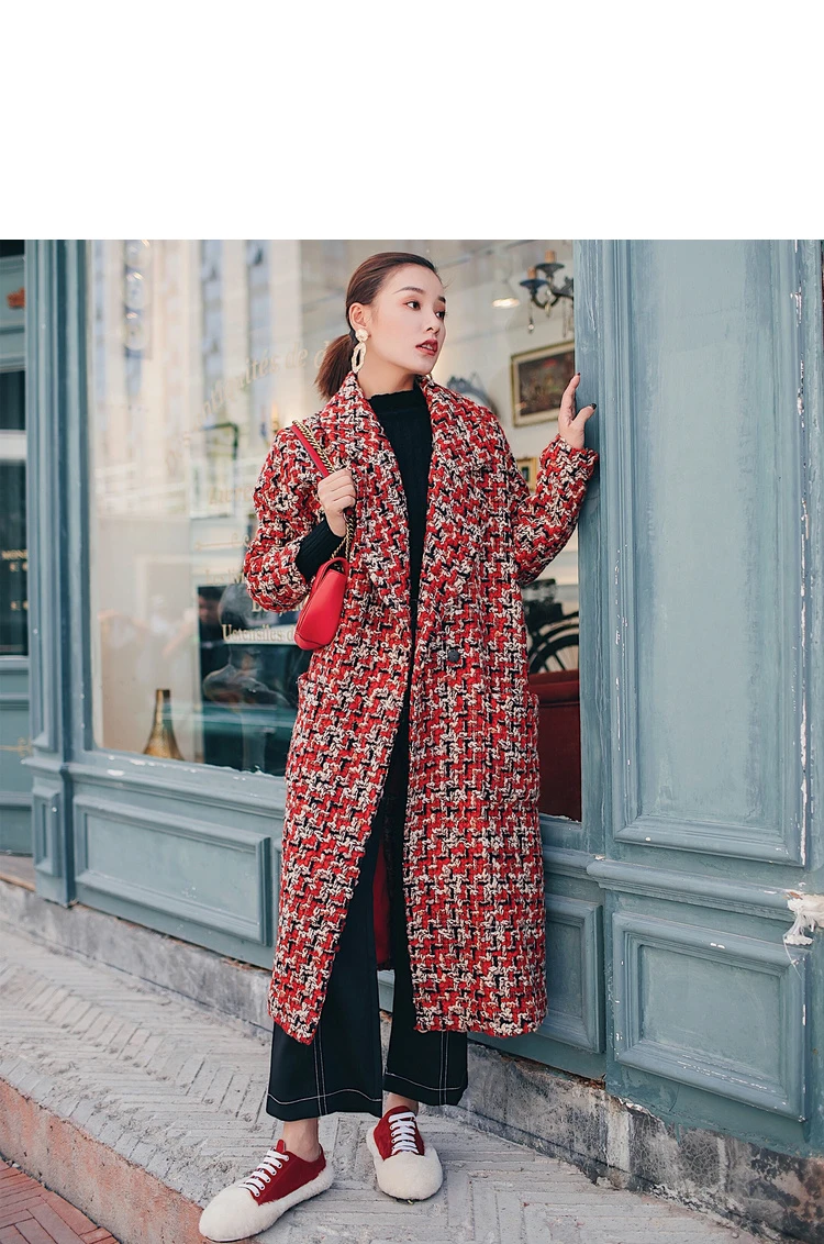 Autumn Winter Female Turn Down Collar Woolen Coat Women Vintage Wool Jacket Lattice Parka Casual Loose X-Long Overcoat Z389