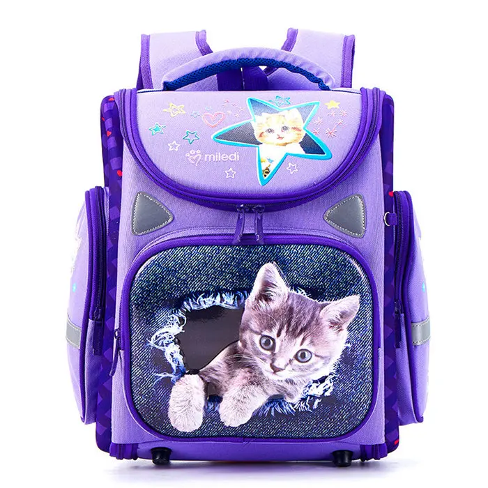 purple cat Мультяшные ортопедические школьные рюкзаки для девочек и мальчиков, рюкзак с рисунком автомобиля, школьные сумки для студентов, Mochila Infantil, класс 1-4 - Цвет: purple cat
