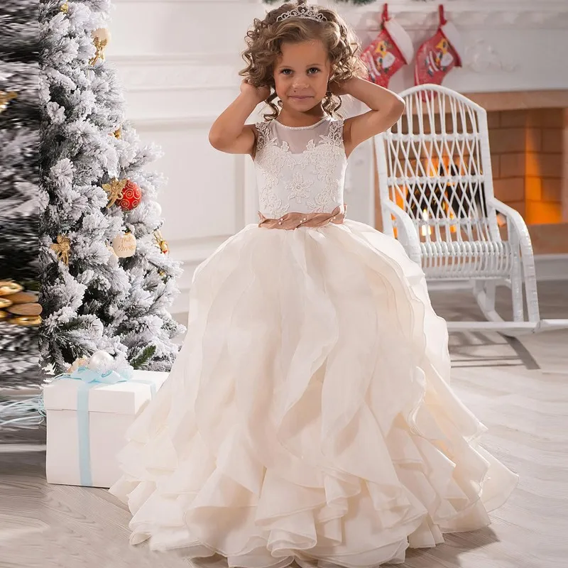 Vestidos De Comunion/Элегантные пышные платья из органзы с оборками, с круглым вырезом, с аппликацией, бальное платье с цветочным узором для девочек, платье для свадебной вечеринки