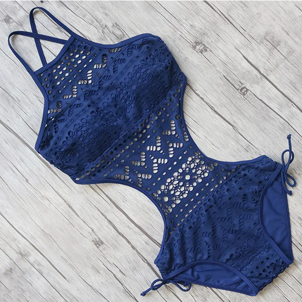 Сексуальный кружевной Цельный купальник, Женский Одноцветный монокини с высокой горловиной, женский купальный костюм с пуш-ап, Maillot De Bain - Цвет: B598BL
