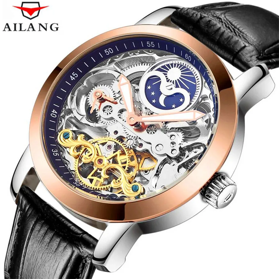 Скелет для мужчин механические часы Автоматические полые Tourbillon часы модные мужские водостойкие 50 м Спорт Луна часы с фазами Relogio - Цвет: black rose gold