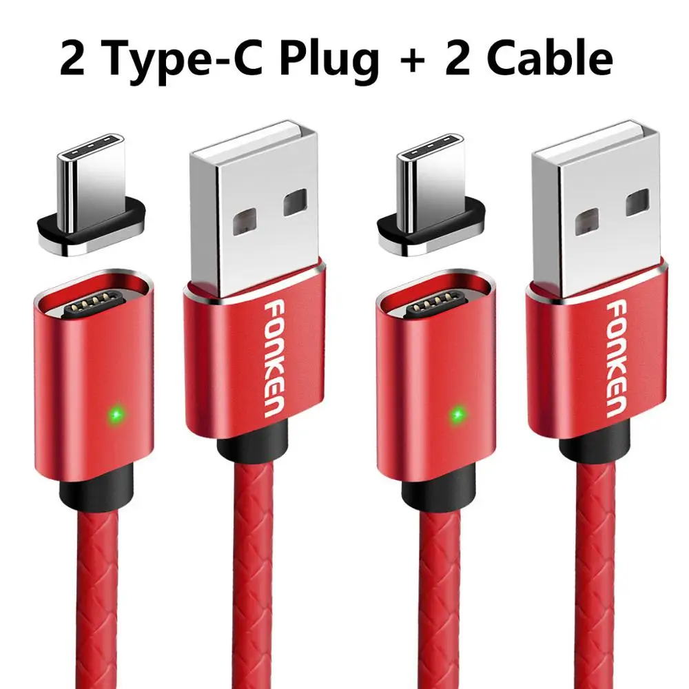 Магнитный кабель FONKEN type-C, USB C, быстрый USB кабель для зарядки телефона, Макс. A, мобильный магнит, type C, зарядный шнур, кабели для синхронизации и передачи данных - Цвет: 2 Plug 2 Red Cable