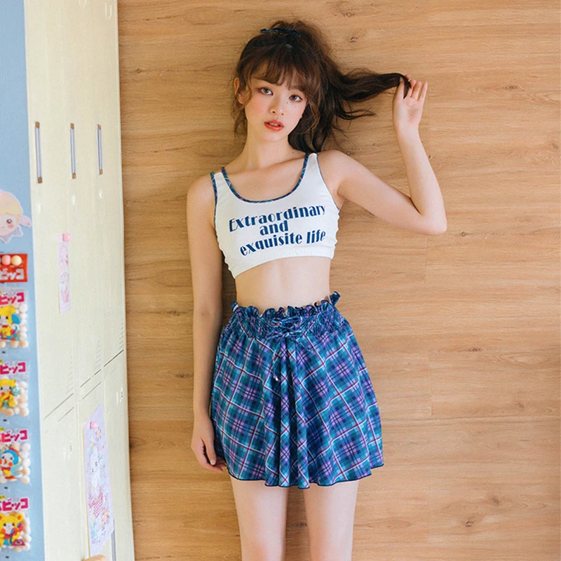 Женский сексуальный купальник в синюю клетку танкини с принтом комплект