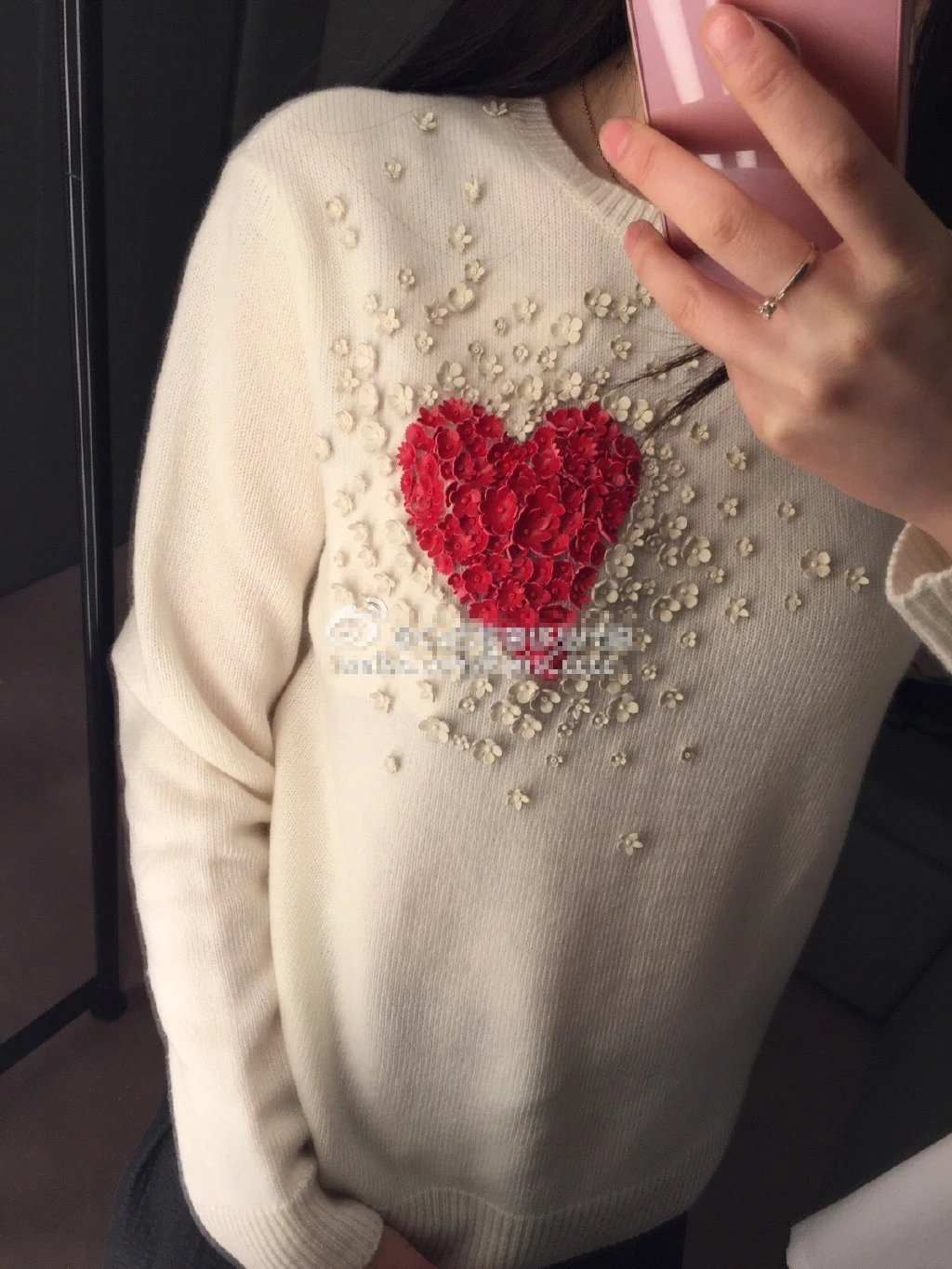 2019 Winter Heart Flower Appliques Sweet Black White Knit Sweater Women Luxury Long Sleeve Female Pullover Jumper ChristmasTop | Женская