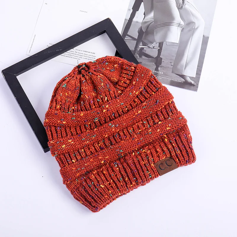 Модные вязаные шапки с хвостиком цветные в горошек Теплая Зимняя шерстяная