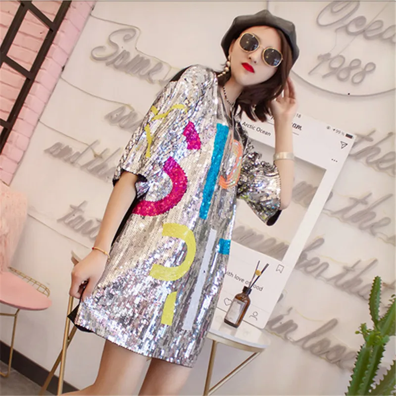 Мода лето 2019 блёстки хип хоп футболка Женская длинная с круглым вырезом Топы