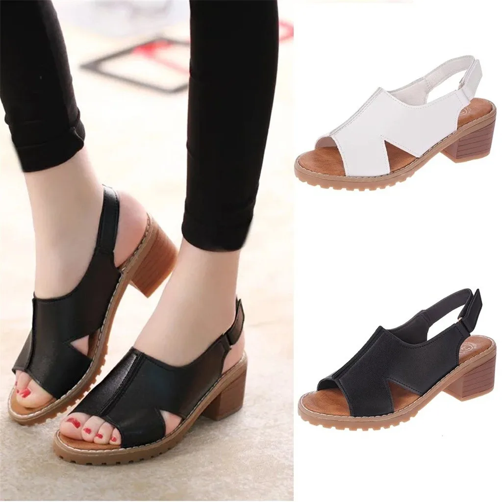 Fashion Womens open toe heels sandals Summer Skid-proof Thick Peep sandal Hoop&ampLoop Leisure Sandals #G5 | Обувь