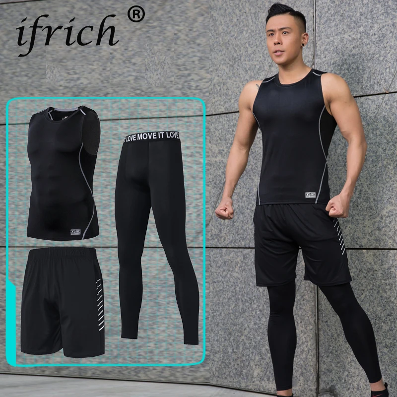 

Compression Quick Dry Tight Tracksuit Mens Fitness 3 Pieces Sleeveless Black T Shirt Pant Suit Male O-neck Clothing Set for Men