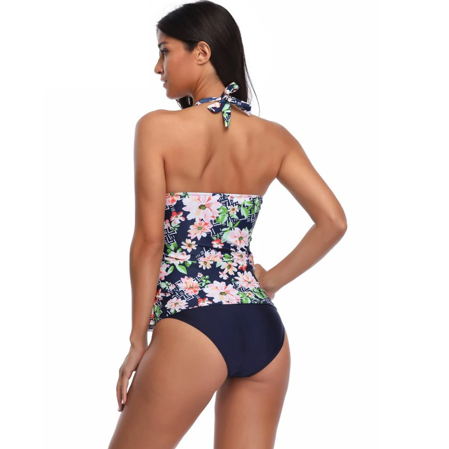 Женские костюмы из двух предметов купальник с цветочным принтом лямкой на шее