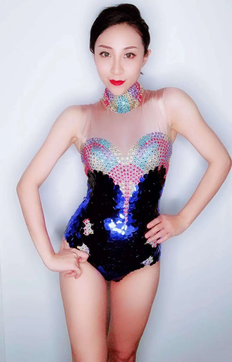 Женское цветное сексуальное боди Блестящий Комбинезон с кристаллами одежда для