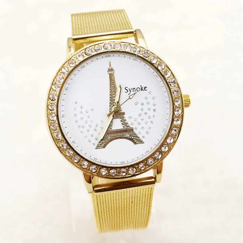 Женские наручные часы из нержавеющей стали с кристаллами башни и золотистой