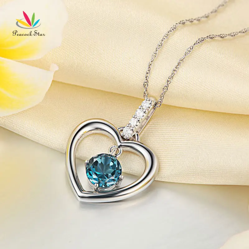 Звезда павлина изящное 14K белое золото Лондон голубой топаз кулон в виде сердца