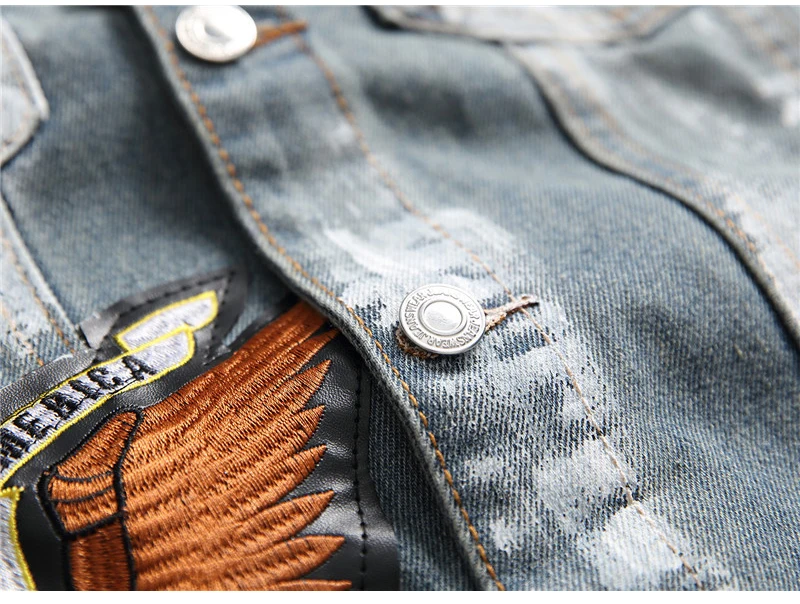 Sokotoo Men's slim American flag embroidered ripped jean jacket Trendy letters birds distressed denim top coat Outerwear