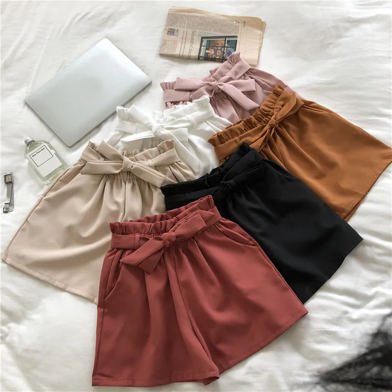 

Fashion Solid Ladies Bandage Loose Shorts Women Casual Summer Elegant Sashes Short Pants Elastic Waist Mini Student Tie Shorts